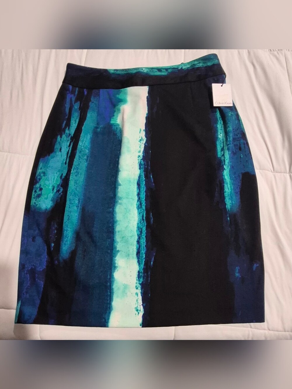 Calvin Klein Black with Teal & Aqua Painterly-Stripe A-Line Skirt